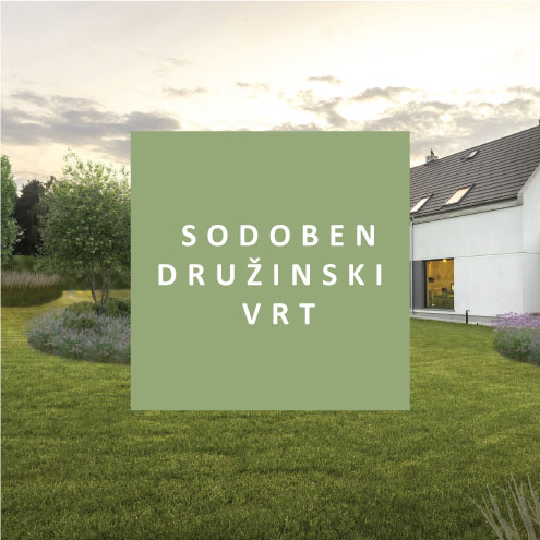 Družinski vrt z lepimi zasaditvami, ki ne zahtevajo veliko vzdrževanja.